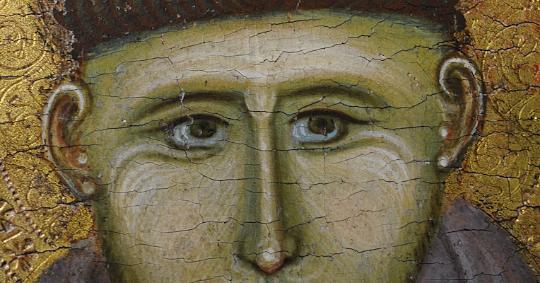  Fresco of Saint Francis preaching to birds, surrounded by trees, birds, and a friar in a natural landscape. 